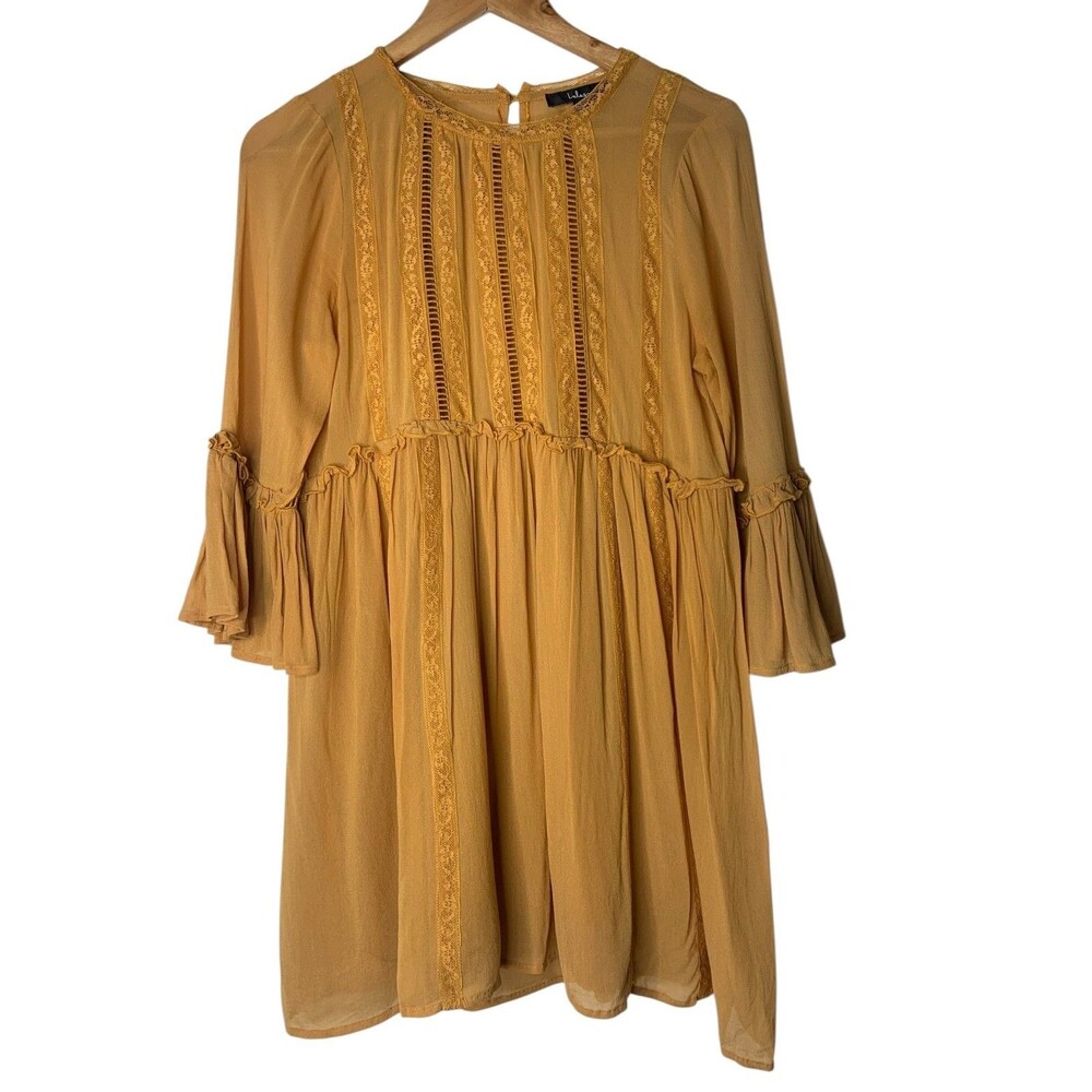 Lulu’s Womens Size S Bohemian Mustard Yellow Crochet Lace Babydoll Dress Fairy